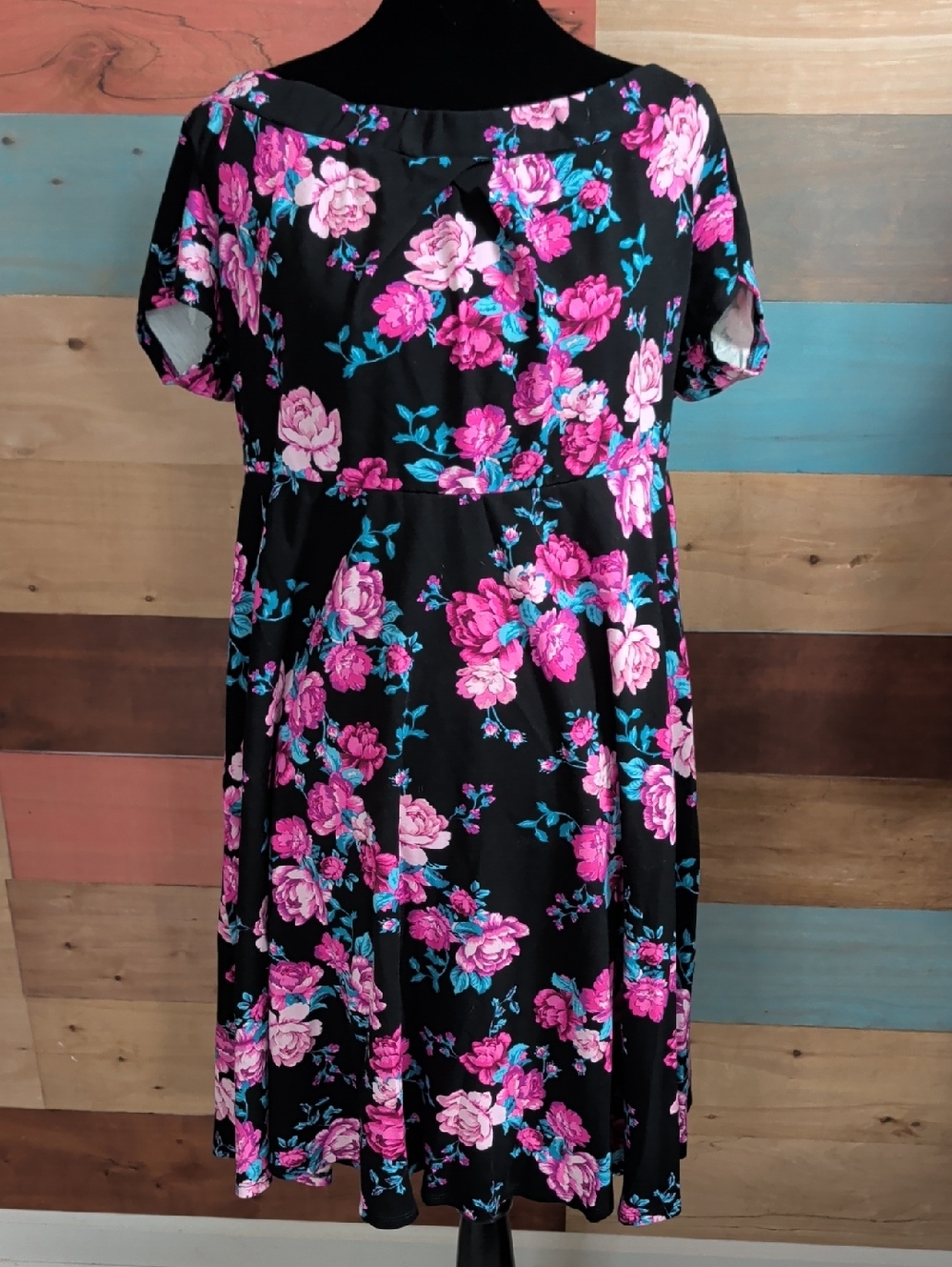torrid Black Midi Dress with Pink Floral and Teal Leaves